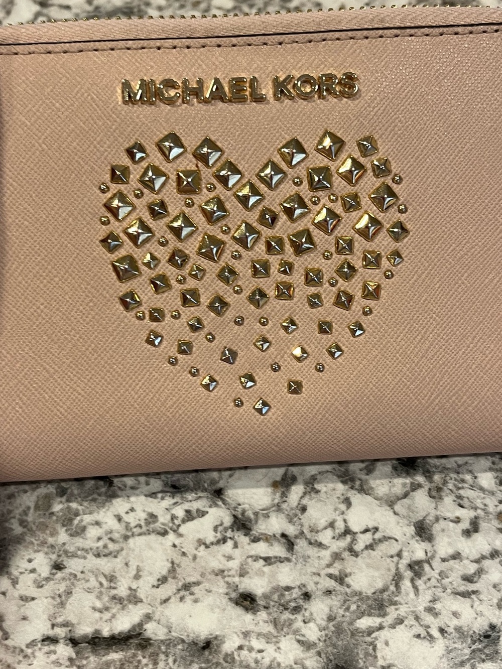 Michael Kors Blush Pink Studded Heart Zip-Around Wallet - Picture 4 of 13